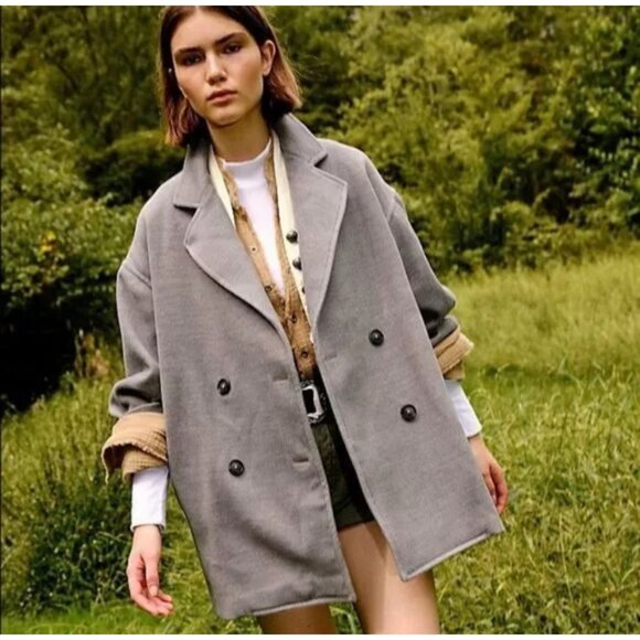 Free People Hannah Slouchy Double Breasted Pea Coat Blazer Medium Oversized Gray - Picture 1 of 16